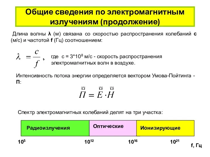 Общие сведения по электромагнитным излучениям (продолжение) Длина волны λ (м) связана