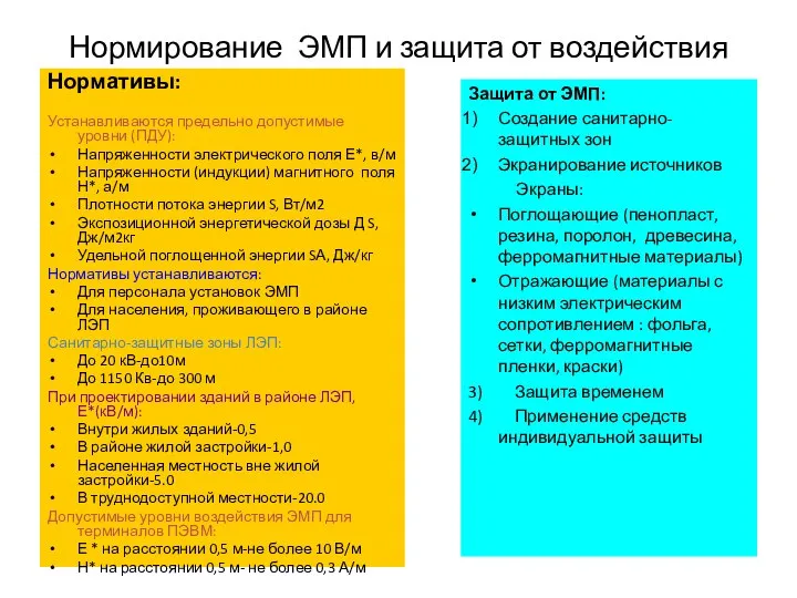 Нормирование ЭМП и защита от воздействия Нормативы: Устанавливаются предельно допустимые уровни