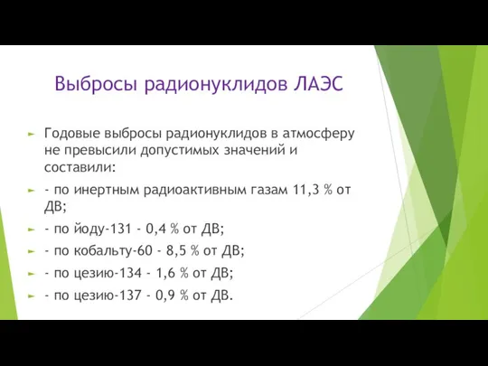 Выбросы радионуклидов ЛАЭС Годовые выбросы радионуклидов в атмосферу не превысили допустимых