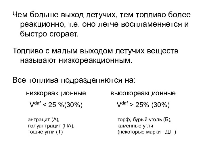 Все топлива подразделяются на: низкореакционные Vdaf высокореакционные Vdaf > 25% (30%)