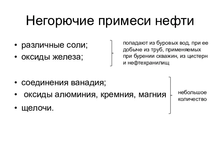 Негорючие примеси нефти различные соли; оксиды железа; соединения ванадия; оксиды алюминия,