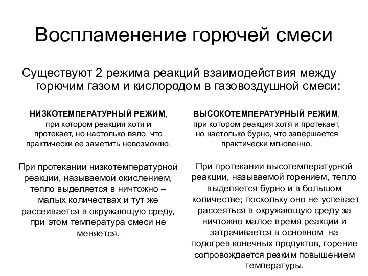 Воспламенение горючей смеси Существуют 2 режима реакций взаимодействия между горючим газом