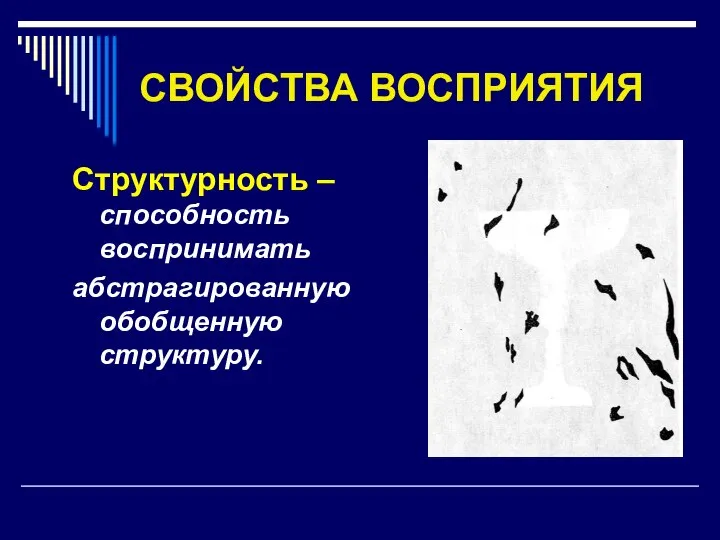 СВОЙСТВА ВОСПРИЯТИЯ Структурность –способность воспринимать абстрагированную обобщенную структуру.