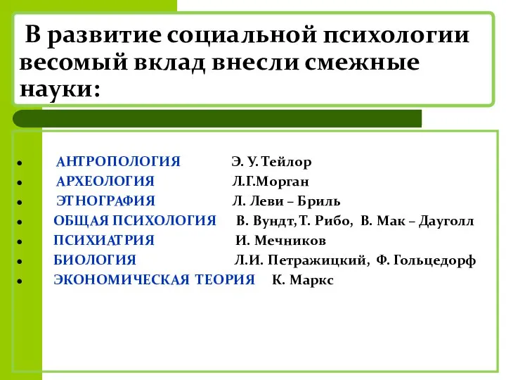 В развитие социальной психологии весомый вклад внесли смежные науки: АНТРОПОЛОГИЯ Э.