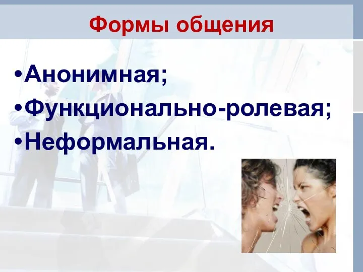 Формы общения Анонимная; Функционально-ролевая; Неформальная.