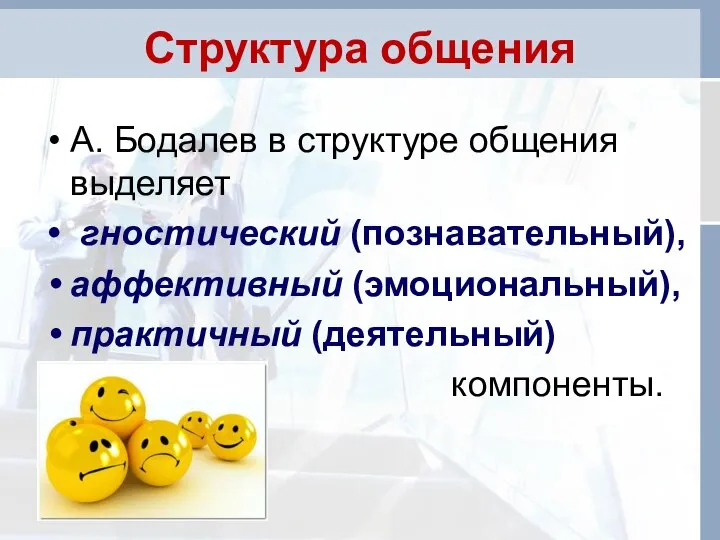 Структура общения А. Бодалев в структуре общения выделяет гностический (познавательный), аффективный (эмоциональный), практичный (деятельный) компоненты.