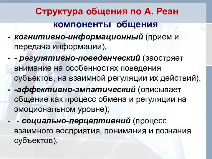 Структура общения по А. Реан компоненты общения когнитивно-информационный (прием и передача