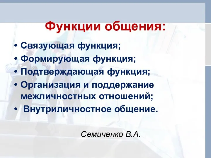 Функции общения: Связующая функция; Формирующая функция; Подтверждающая функция; Организация и поддержание