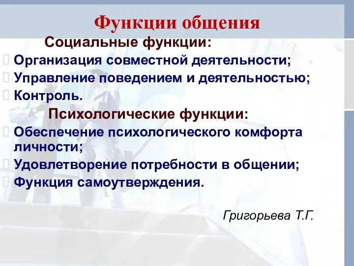 Функции общения Социальные функции: Организация совместной деятельности; Управление поведением и деятельностью;