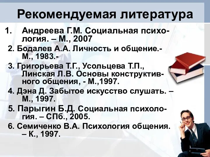 Рекомендуемая литература Андреева Г.М. Социальная психо-логия. – М., 2007 2. Бодалев