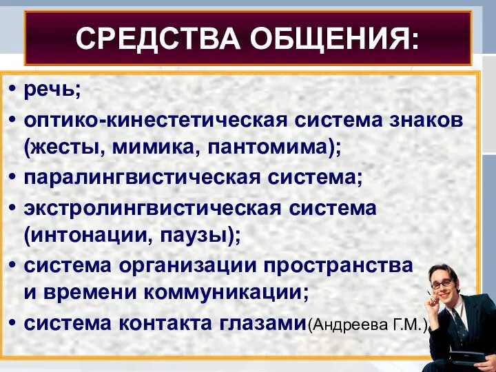 СРЕДСТВА ОБЩЕНИЯ: речь; оптико-кинестетическая система знаков (жесты, мимика, пантомима); паралингвистическая система;