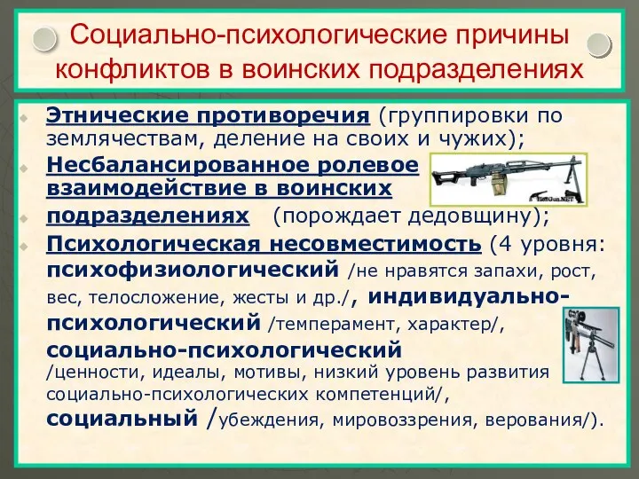 Социально-психологические причины конфликтов в воинских подразделениях Этнические противоречия (группировки по землячествам,