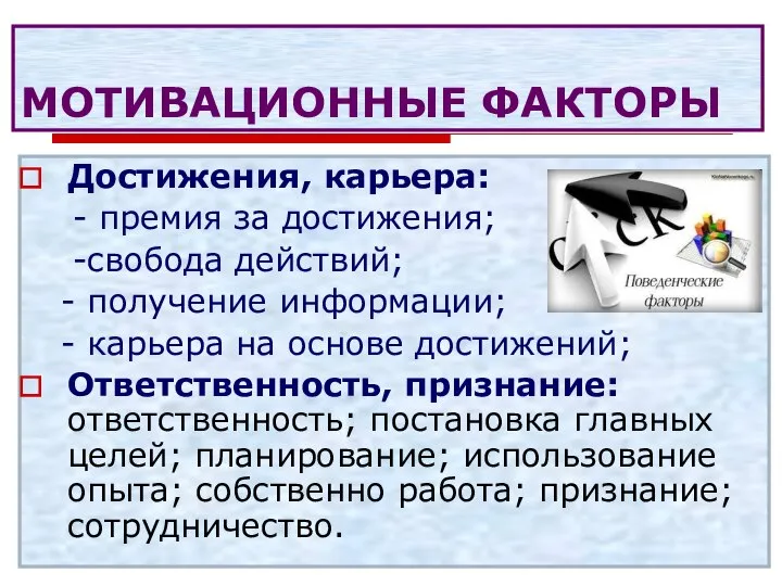 МОТИВАЦИОННЫЕ ФАКТОРЫ Достижения, карьера: - премия за достижения; -свобода действий; -