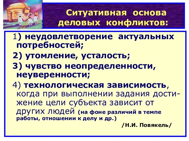 Ситуативная основа деловых конфликтов: 1) неудовлетворение актуальных потребностей; 2) утомление, усталость;