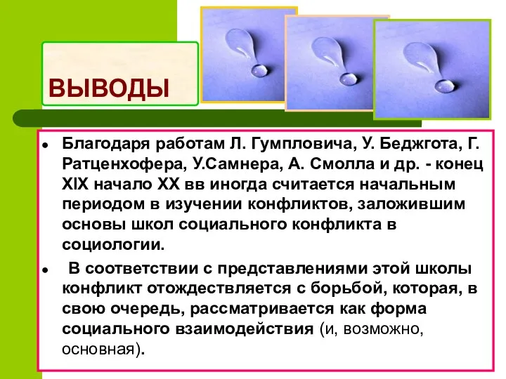 ВЫВОДЫ Благодаря работам Л. Гумпловича, У. Беджгота, Г.Ратценхофера, У.Самнера, А. Смолла