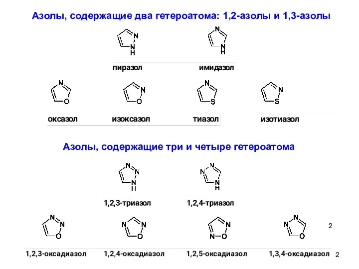 3 Азолы, содержащие два гетероатома: 1,2-азолы и 1,3-азолы Азолы, содержащие три и четыре гетероатома