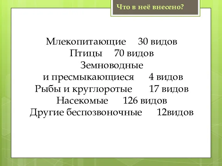 Что в неё внесено? Млекопитающие 30 видов Птицы 70 видов Земноводные