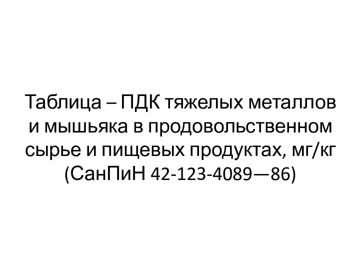 Таблица – ПДК тяжелых металлов и мышьяка в продовольственном сырье и пищевых продуктах, мг/кг (СанПиН 42-123-4089—86)