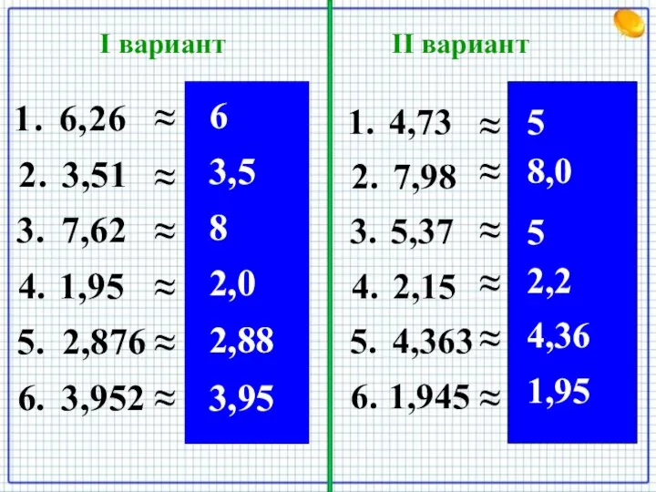 I вариант II вариант 3,952 6. 2,876 5. 1,95 4. 7,62