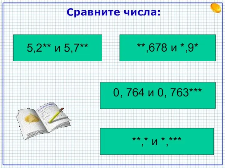 Сравните числа: 5,2** и 5,7** **,678 и *,9* 0, 764 и 0, 763*** **,* и *,***