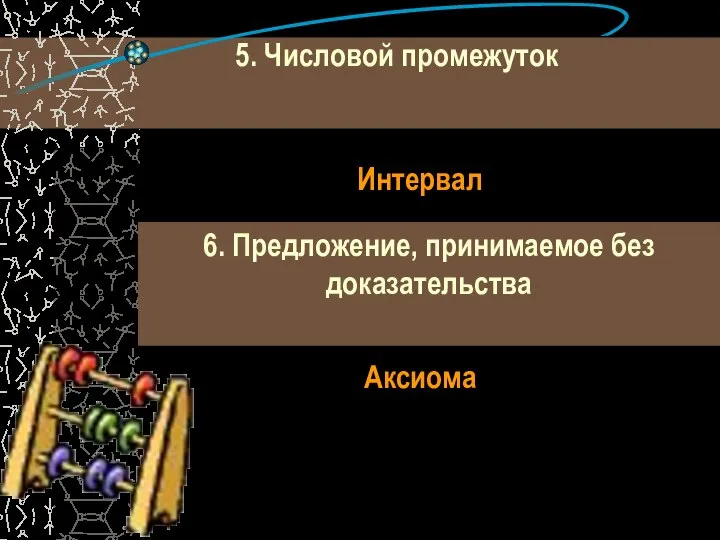 5. Числовой промежуток Интервал 6. Предложение, принимаемое без доказательства Аксиома