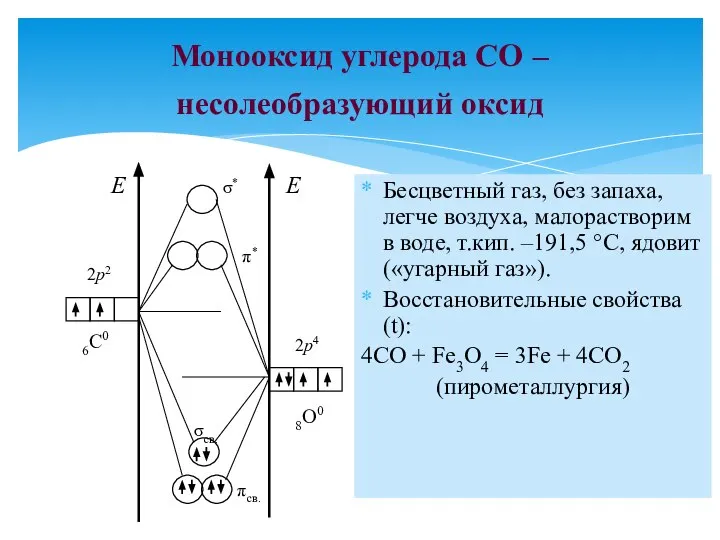 Монооксид углерода CO – несолеобразующий оксид Бесцветный газ, без запаха, легче