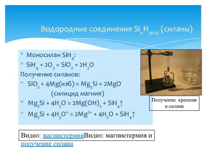 Моносилан SiH4: SiH4 + 2O2 = SiO2 + 2H2O Получение силанов: