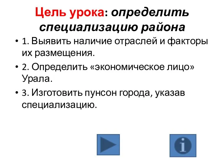 Цель урока: определить специализацию района 1. Выявить наличие отраслей и факторы