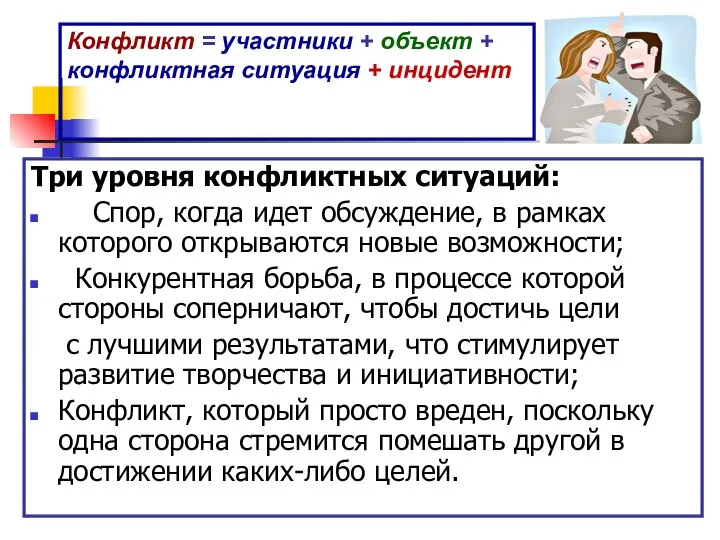 Конфликт = участники + объект + конфликтная ситуация + инцидент Три