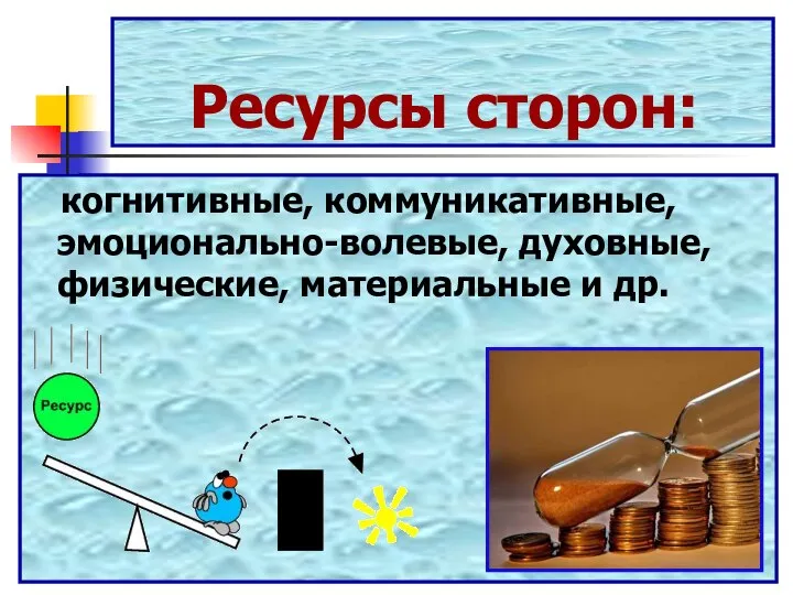 Ресурсы сторон: когнитивные, коммуникативные, эмоционально-волевые, духовные, физические, материальные и др.