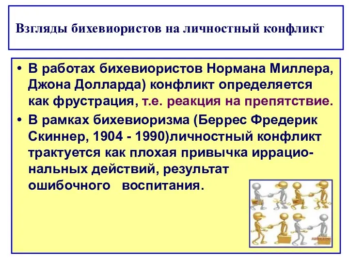 Взгляды бихевиористов на личностный конфликт В работах бихевиористов Нормана Миллера, Джона