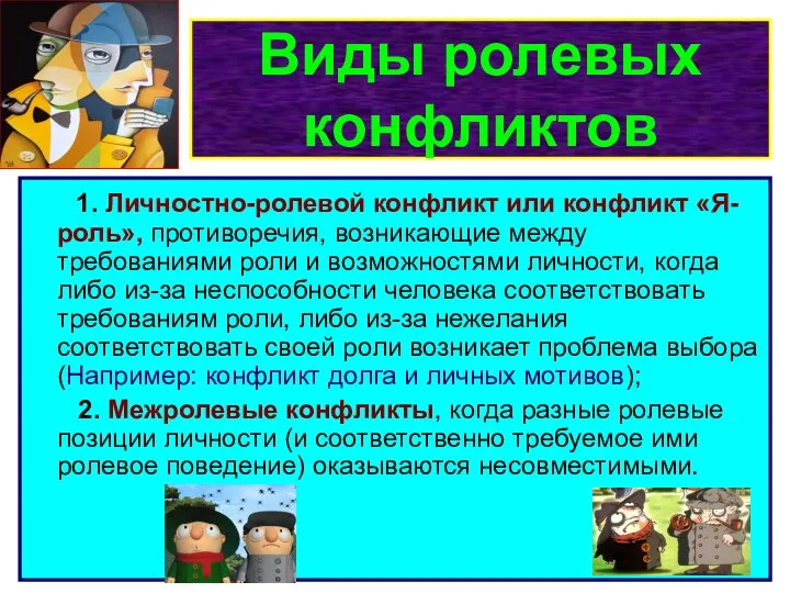 Виды ролевых конфликтов 1. Личностно-ролевой конфликт или конфликт «Я-роль», противоречия, возникающие