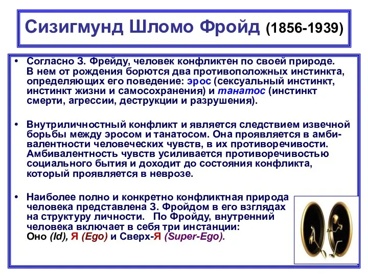 Сизигмунд Шломо Фройд (1856-1939) Согласно З. Фрейду, человек конфликтен по своей