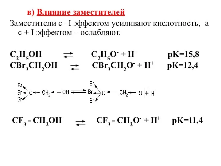 в) Влияние заместителей Заместители с –I эффектом усиливают кислотность, а с