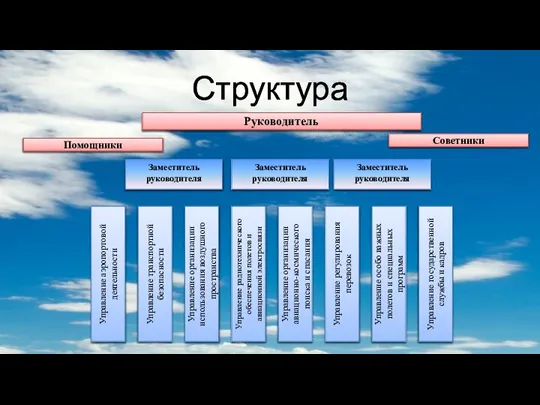 Структура Руководитель Советники Помощники Управление регулирования перевозок Управление организации использования воздушного