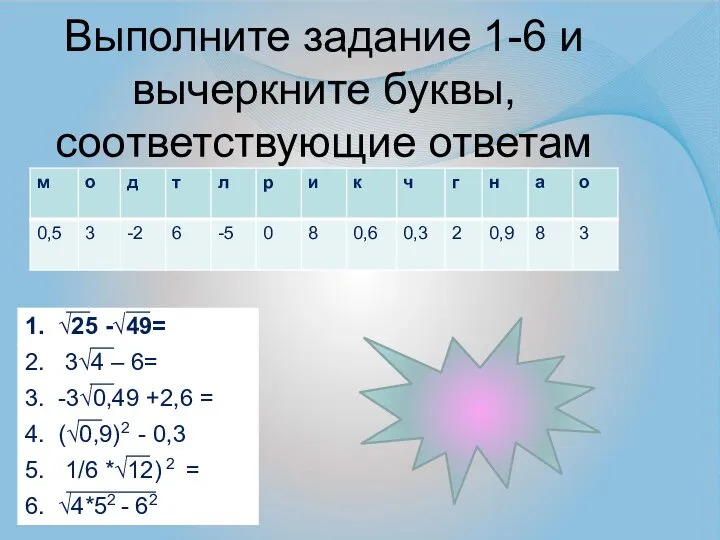 Выполните задание 1-6 и вычеркните буквы, соответствующие ответам Отлично