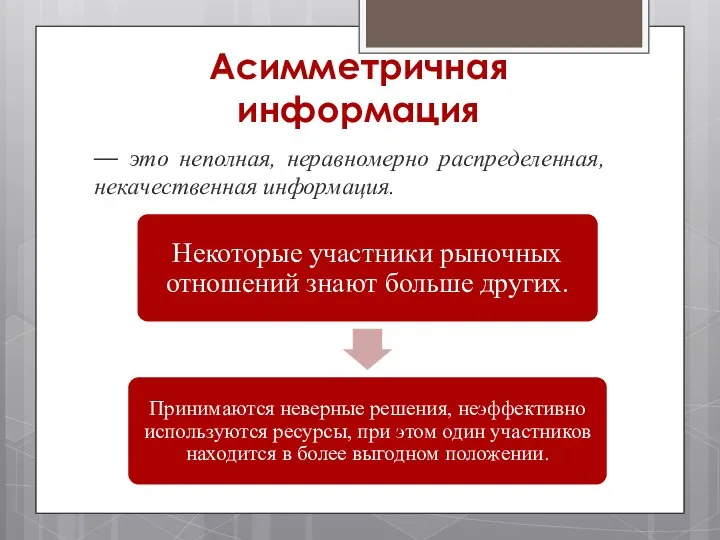 Асимметричная информация — это неполная, неравномерно распределенная, некачественная информация.