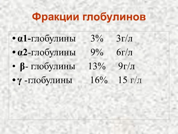 Фракции глобулинов α1-глобулины 3% 3г/л α2-глобулины 9% 6г/л β- глобулины 13%