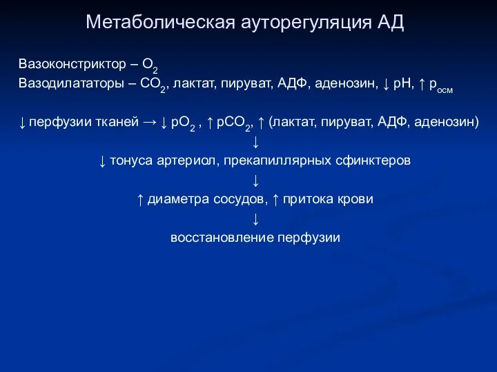 Метаболическая ауторегуляция АД Вазоконстриктор – О2 Вазодилататоры – СО2, лактат, пируват,