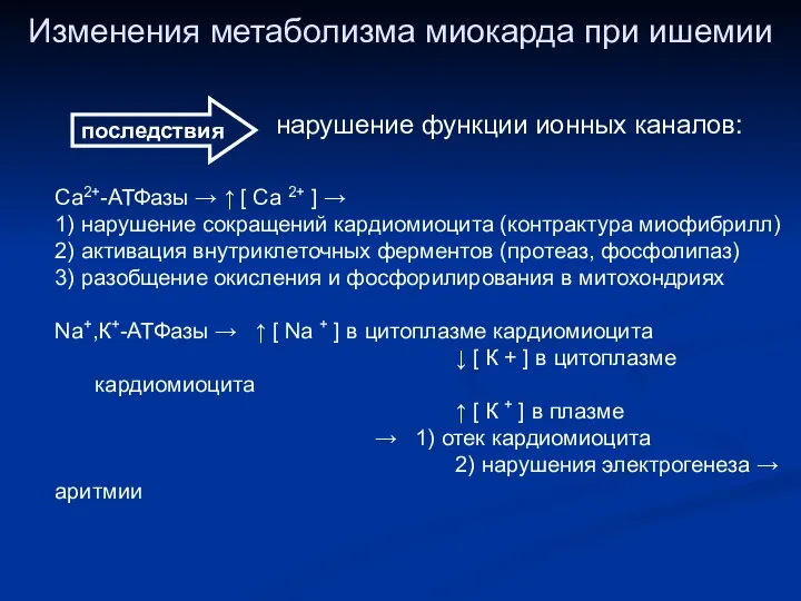 Изменения метаболизма миокарда при ишемии последствия нарушение функции ионных каналов: Са2+-АТФазы