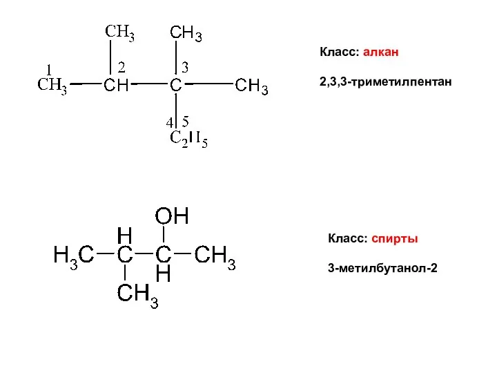 Класс: алкан 2,3,3-триметилпентан Класс: спирты 3-метилбутанол-2