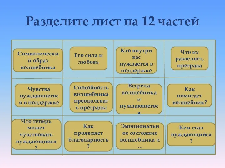 Разделите лист на 12 частей Символический образ волшебника Чувства нуждающегося в