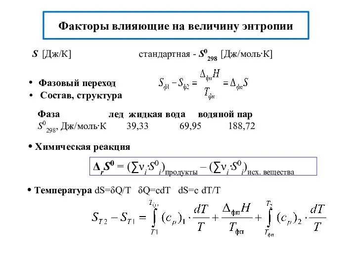 S [Дж/К] стандартная - S0298 [Дж/моль⋅К] Факторы влияющие на величину энтропии