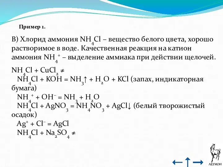 Пример 1. В) Хлорид аммония NH4Cl – вещество белого цвета, хорошо
