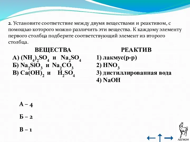 2. Установите соответствие между двумя веществами и реактивом, с помощью которого