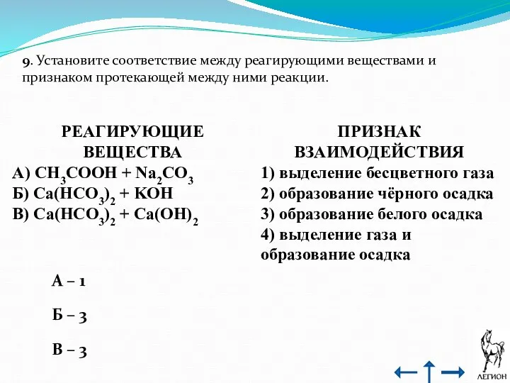 9. Установите соответствие между реагирующими веществами и признаком протекающей между ними