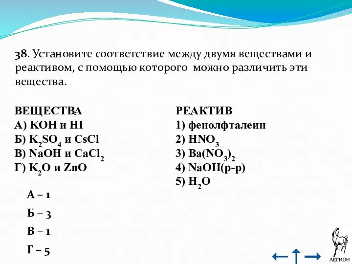 38. Установите соответствие между двумя веществами и реактивом, с помощью которого