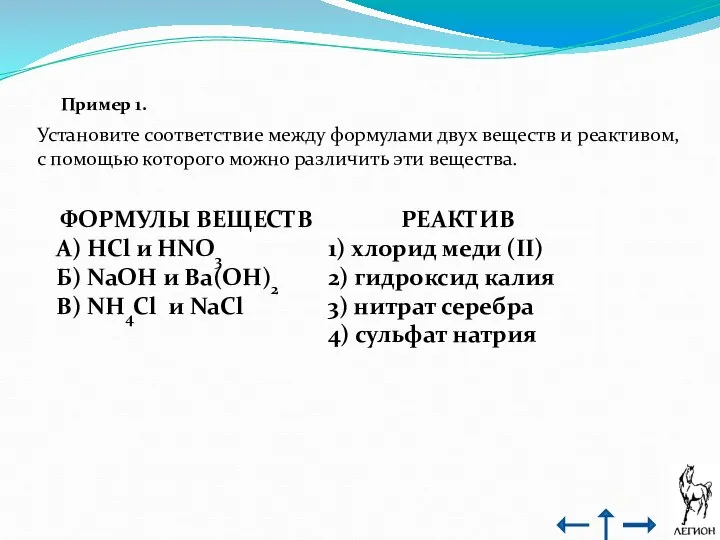 Пример 1. Установите соответствие между формулами двух веществ и реактивом, с