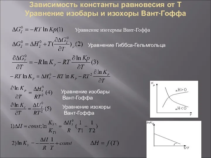 Зависимость константы равновесия от Т Уравнение изобары и изохоры Вант-Гоффа Уравнение