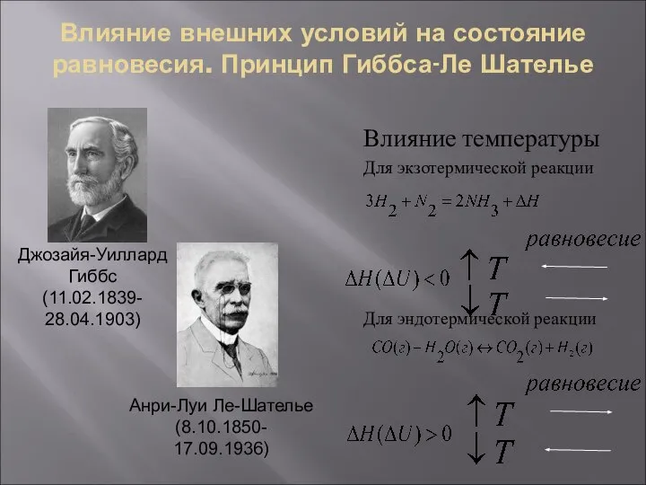 Влияние внешних условий на состояние равновесия. Принцип Гиббса-Ле Шателье Влияние температуры